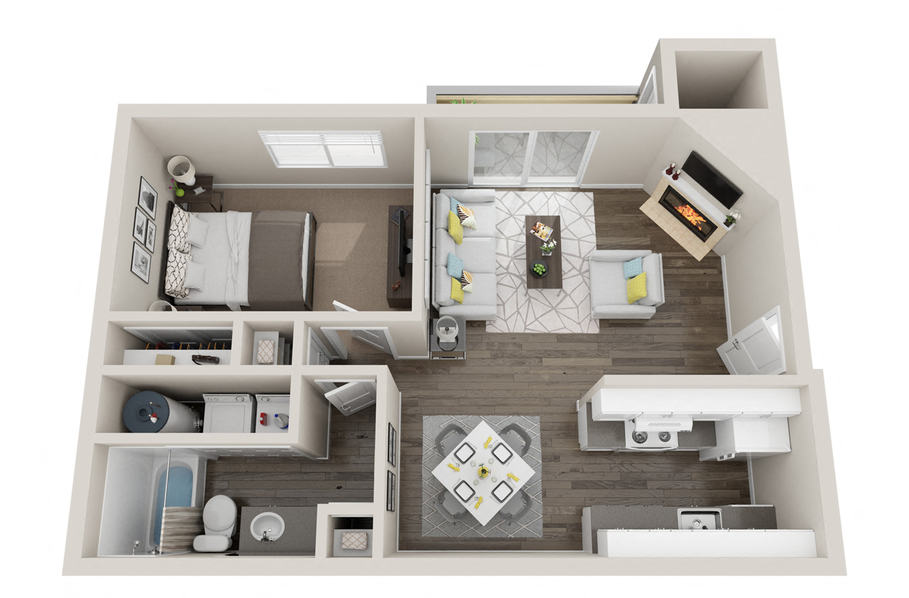 Floor plan for 1 bed, 1 bath, 657 sqft